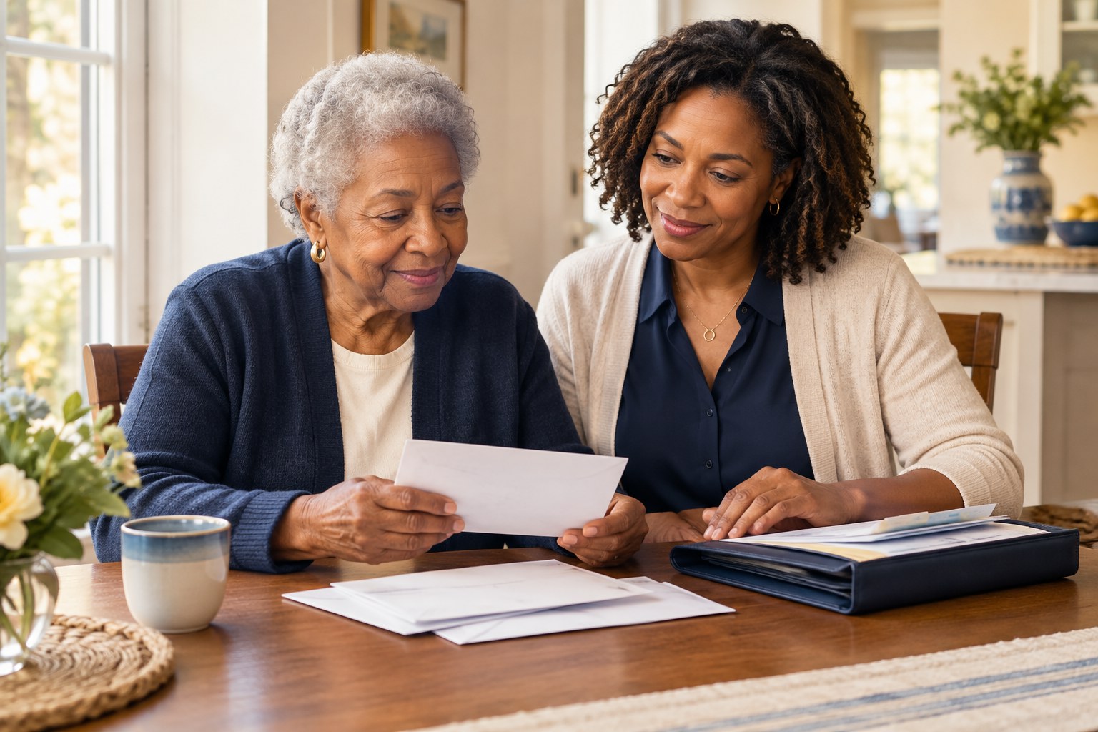Adult daughter helps her aging mother review bills and unopened envelopes at the kitchen table.